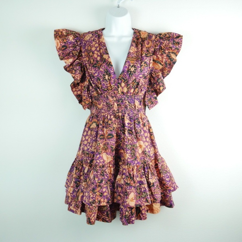 Ulla Johnson Kiri Mini Mini Dress Smocked Waist Floral Ruffle Cotton Pockets 00